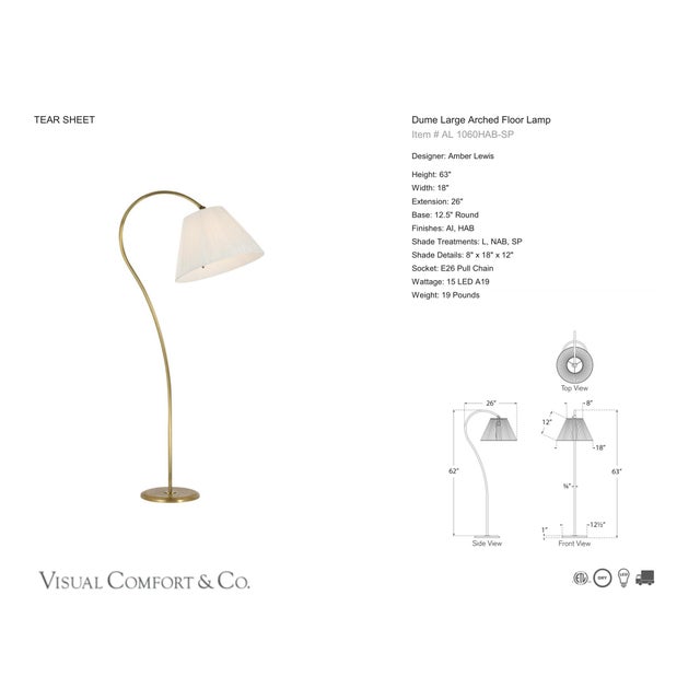 Amber Lewis by Visual Comfort Signature Dume Large Arched Floor Lamp in Hand-Rubbed Antique Brass with Silk Pleated Shade...