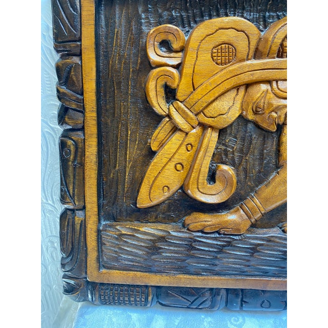 1950s Mid Century Hand Carved Aztec Tribal Honduras Wood Wall Art For Sale - Image 5 of 11
