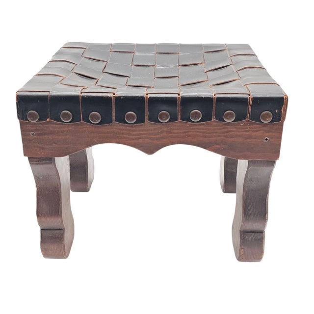 Rustic Woven Leather Low Stool With Hand-Hammered Tack Detailing – Vintage Craftsmanship For Sale - Image 4 of 10