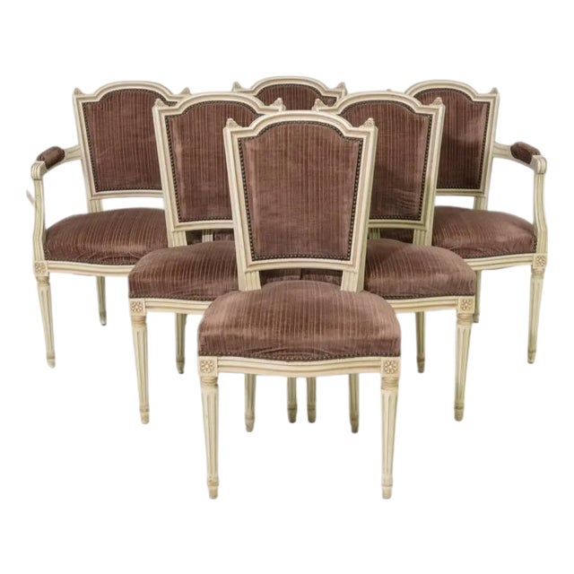 Set of Six Mid 20th Century Louis XVI Style Painted Dining Chairs For Sale