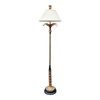 Vintage Hollywood Regency Brass Palm Gold & Black Floor Lamp For Sale