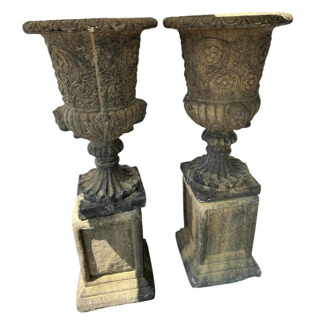 Italian Renaissance Stone Campana Garden Urns, Set of 2 For Sale - Image 9 of 10