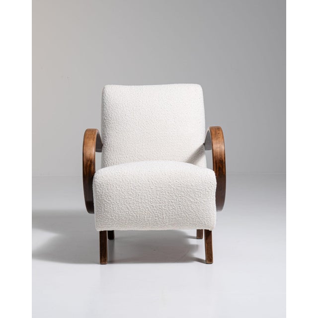 20th Century Czech Republic Warm Ivory Boucle Bentwood-Arm Lounge Chair For Sale - Image 4 of 11