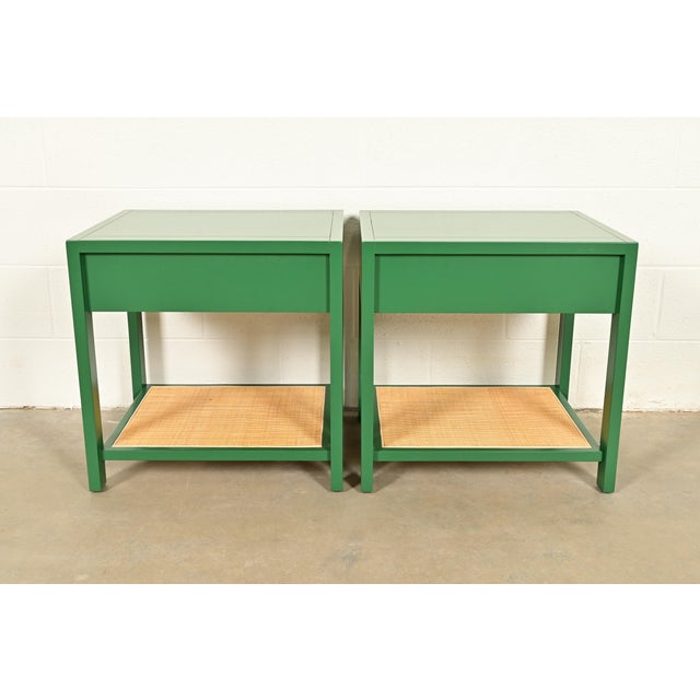 Michael Taylor for Baker Furniture Mid-Century Hollywood Regency Green Lacquer and Cane Campaign Nightstands, Newly Refinished For Sale - Image 14 of 15