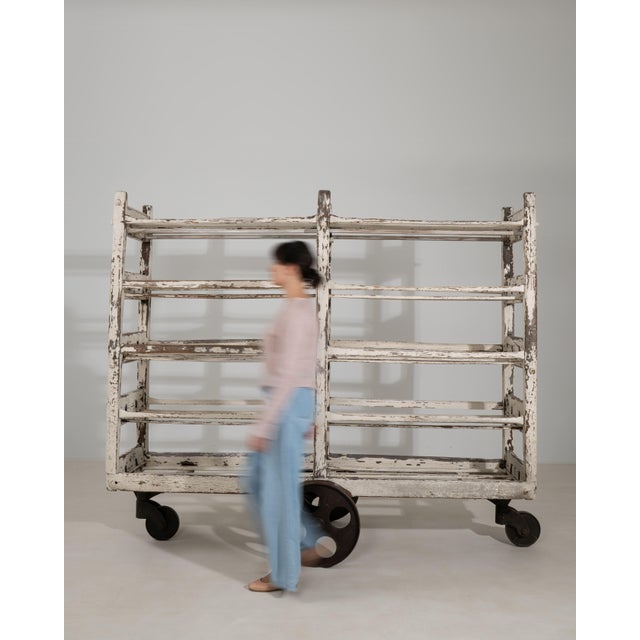 Off-white White Patinated Bakery Rack on Wheels, Antique, France, Early 20th Century For Sale - Image 8 of 10
