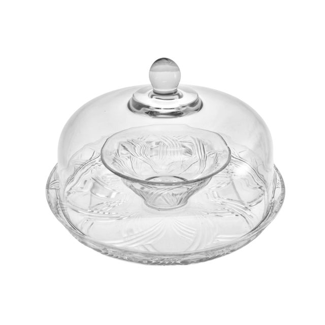 Large vintage glass serving set includes round rimmed tray and attached center bowl with cloche. Simply a beautiful...