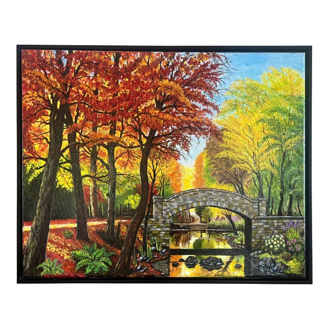 Inspired by Steve Schaaf’s Autumn Bridge Reflections Original Oil Painting For Sale