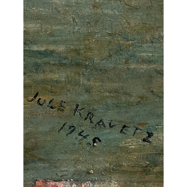 Signed 1948 European Naïve Folk Art Mountain Lake & Island Villa Oil on Canvas For Sale - Image 4 of 5