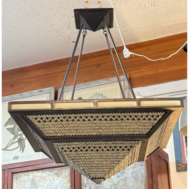 Hilliard Lamps Art Mosaic Glass With Bronze Pyramid Chandelier For Sale - Image 12 of 12