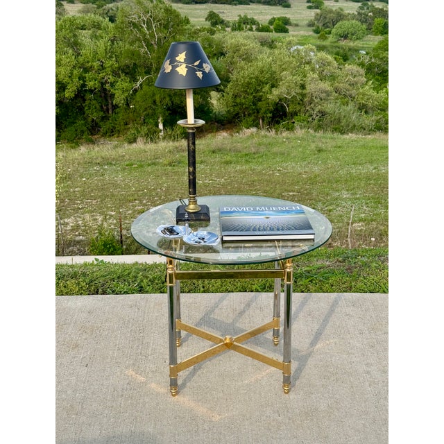 Mid-Century Hollywood Regency Maison Jansen Style Polished Chrome & Brass Glass Top End Table For Sale - Image 9 of 10