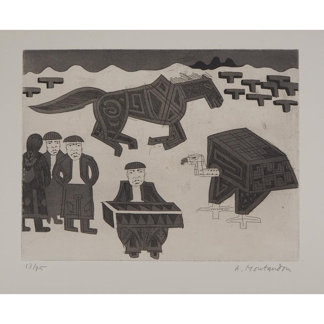 Aimé Montandon Landscape with an accordionist, an eagle and a horse Engraving Signed in pencil On 38,5 x 50,5 cm vellum...