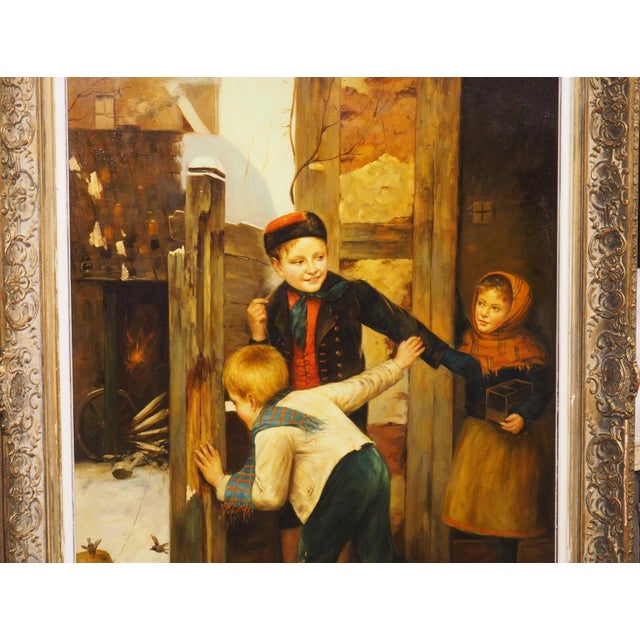 19th Century Oil on Canvas Painting, Children Playing in Winter, Alsace, France For Sale - Image 4 of 16