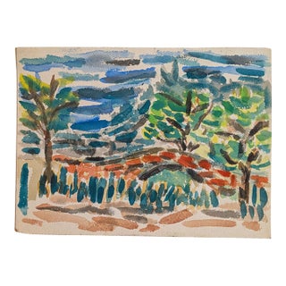 Vintage 1950s Modernist Nyc Central Park Stone Arch Bridge Watercolor Painting For Sale
