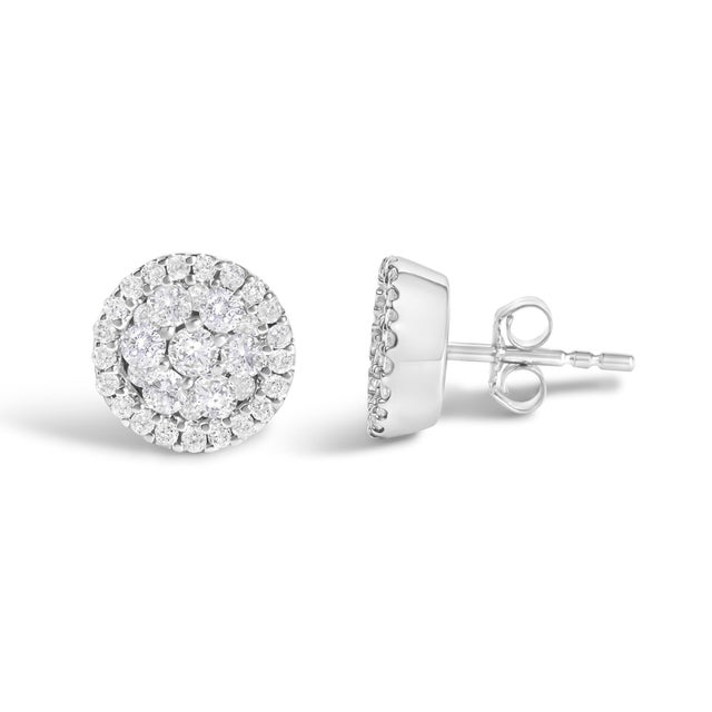 Contemporary 14K White Gold 1.0 Cttw Brilliant-Cut Diamond Halo-Style Cluster Round Button Stud Earrings (H-I Color, I1-I2 Clarity) For Sale - Image 3 of 5