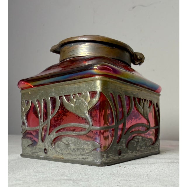 Red Antique Carl Stolzle Austrian Art Nouveau Red Glass Bronze Writing Inkwell Jar For Sale - Image 8 of 18