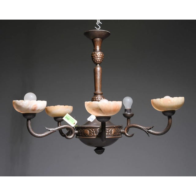 Mid 20th Century Swedish Art Nouveau Style Chandelier With Alabaster Shades For Sale - Image 4 of 4