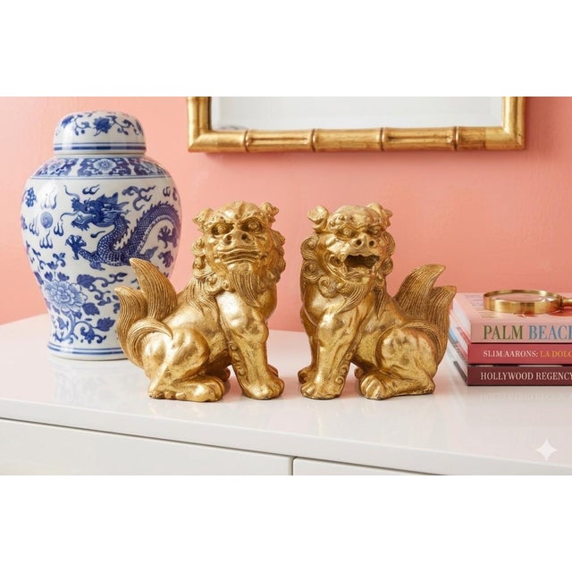 Fitz and Floyd Pair of Chinoiserie Gold Gilt Foo Dog Accents or Bookends by Sadek. Great for Palm Beach Regency or Feng Shui Decor - See Pics! For Sale - Image 4 of 11