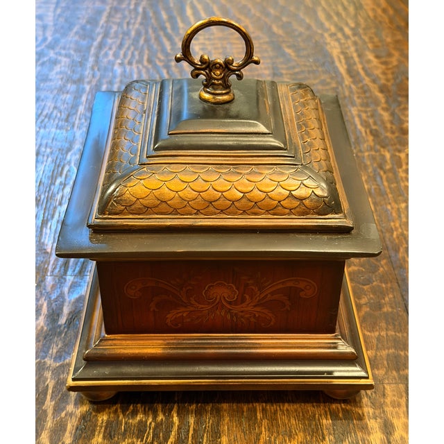 Late 20th Century Vintage Regency Revival Tea Caddy Jewelry Box With Fish Scale Lid For Sale - Image 5 of 12