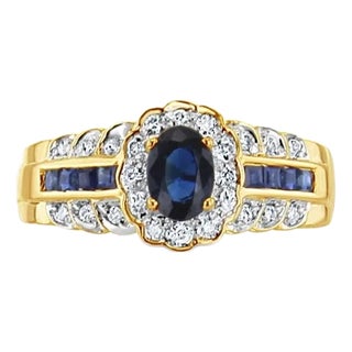 Oval Sapphire with Diamond Halo & Sapphire Diamond Accents, Size 8 For Sale
