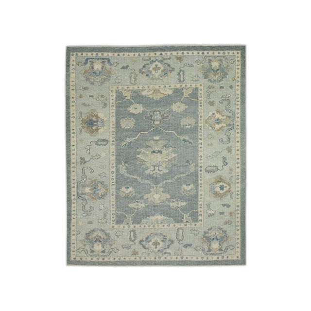 Textile Early 21st Century Blue Floral Design Handwoven Wool Turkish Oushak Rug 4'11" X 6'7" For Sale - Image 7 of 7