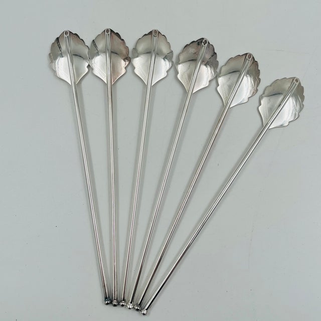 Mid-Century Modern Silverplate Leaf Design Cocktail Stirrer Straws Sipper Spoons Denmark - Set of 6 For Sale - Image 14 of 16