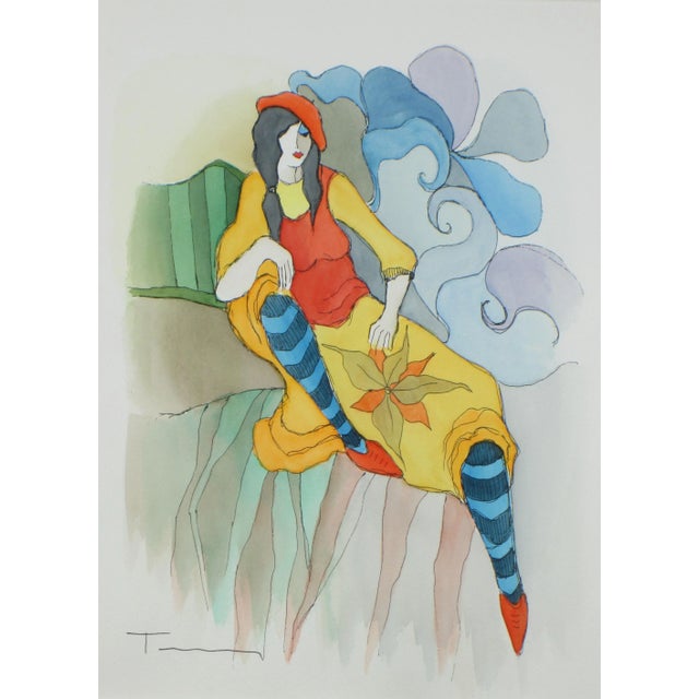 Original Signed Watercolor Painting on paper by artist Itzchak Tarkay. The painting depicts a reclining woman in brightly...