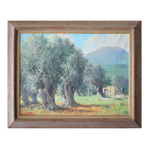 1960s Beautiful Jose Ventosa Domenech Oil on Canvas Spain Mallorca Olive Orchard Landscape