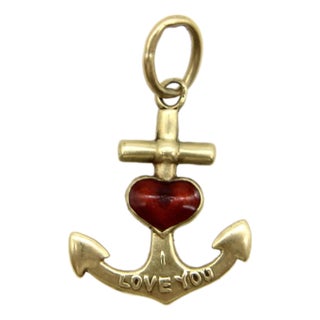 14k Gold Anchor and Enameled Red Heart Pendant Charm For Sale