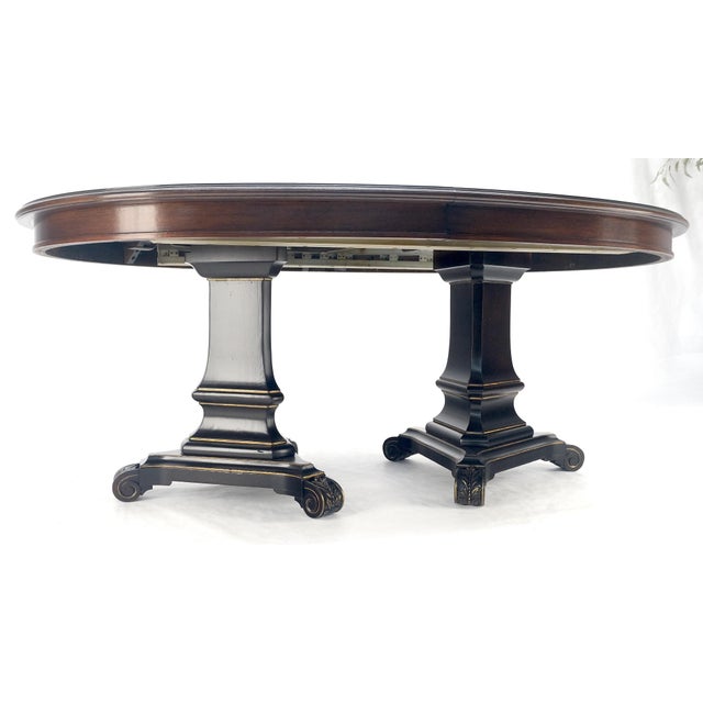 Dark Flame Walnut Banded Double Tripod Pedestal Oval Dining Table 3 Leaves For Sale - Image 6 of 12