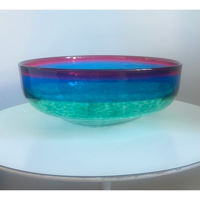 Wonderful large oversized art glass bowl designed by the artist David Leppla made at DKL studio in the 1990s. Unique hand-...