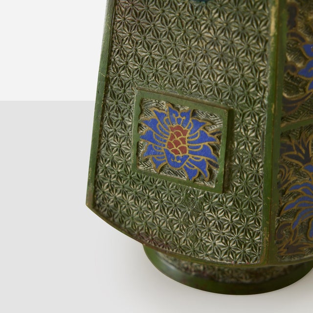 Description Japanese Champlevé Table Lamp 20th Century Hexagonal cast metal table lamp with stylized bird-head handles and...