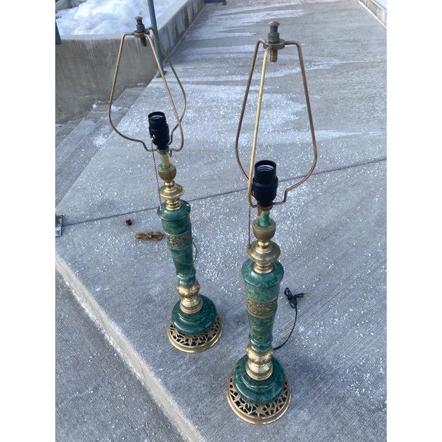 Bottle Green Japanese Bronze & Marble Column Table Lamps - a Pair For Sale - Image 8 of 13