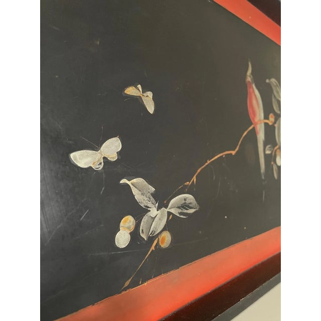 Asian Chinoiserie Black Lacquer Hand Painted Double Handled Tray For Sale - Image 4 of 10