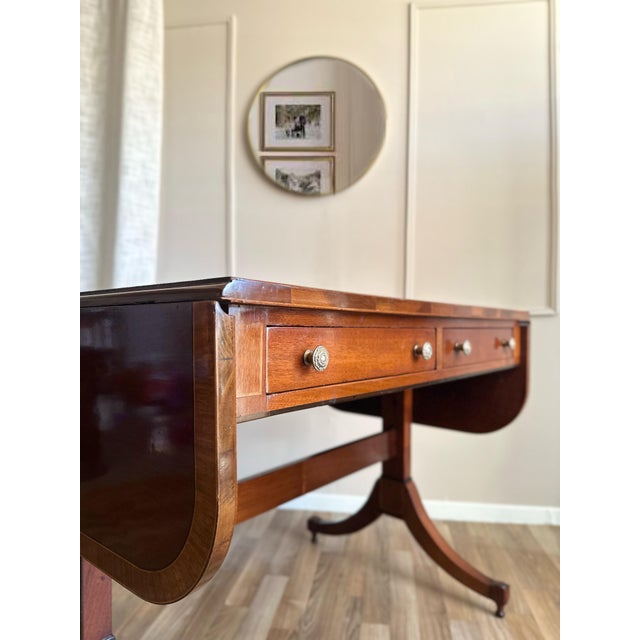 Early 19th Century Early 19th Century English Drop-Leaf Sofa Table/Console With 2 Drawers | Mahogany With Satinwood Inlay For Sale - Image 5 of 7