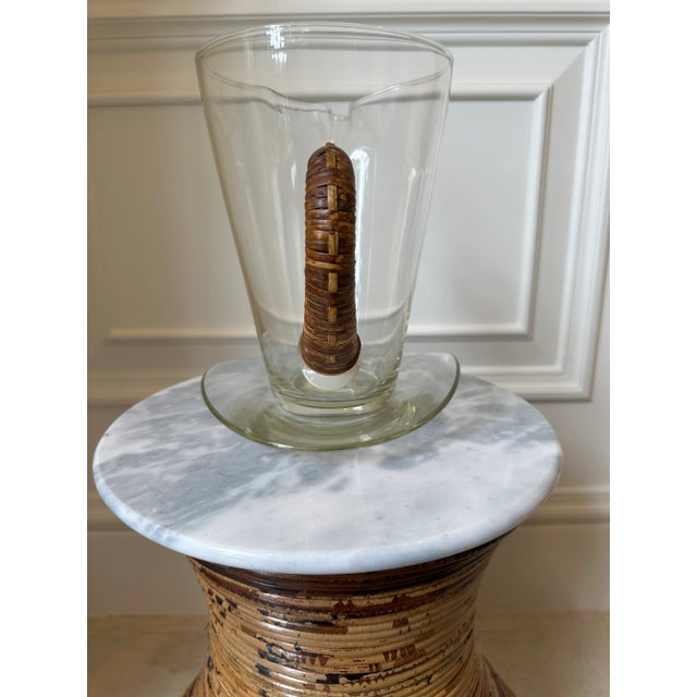 Carl Auböck Vintage Carl Aubock Style Pitcher With Rattan Wrapped Handle and Attached Underplate For Sale - Image 4 of 12