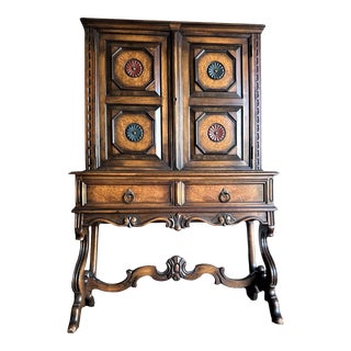 Antique Berkey & Gay Grand Rapids 'Span-Umbrian' Walnut, Burlwood and Polychrome Cabinet - Circa 1917 For Sale