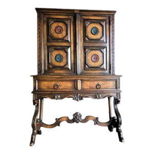 Antique Berkey & Gay Grand Rapids 'Span-Umbrian' Walnut, Burlwood and Polychrome Cabinet - Circa 1917