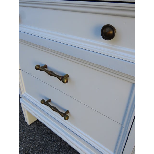 White Hollywood Regency Brass Bamboo Handles Tall Nightstands End Tables a Pair 6352 For Sale - Image 8 of 18