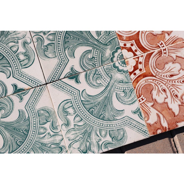 Green Art Deco Tiles Set of Eight Large Portuguese Green & Terracotta Ornamental Design c.1920s For Sale - Image 8 of 12