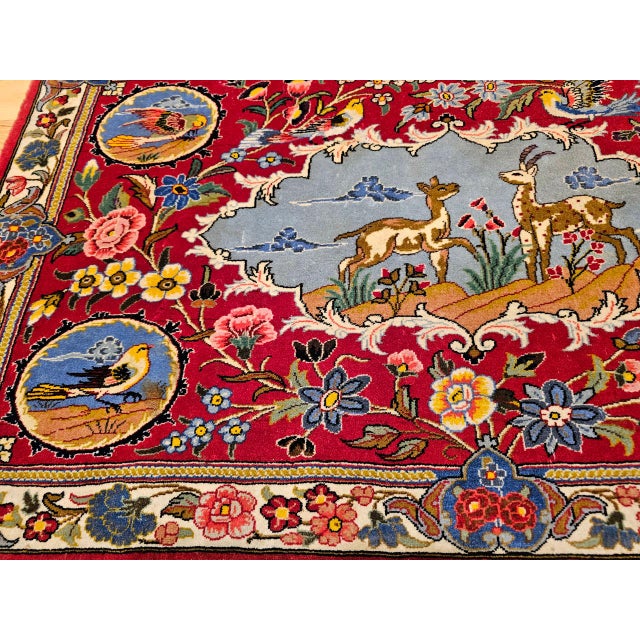 Vintage Persian Tabriz Pictorial Rug, Hand-Knotted Wool & Silk, Forest Scene, Red & Blue, 2x3 For Sale - Image 9 of 15