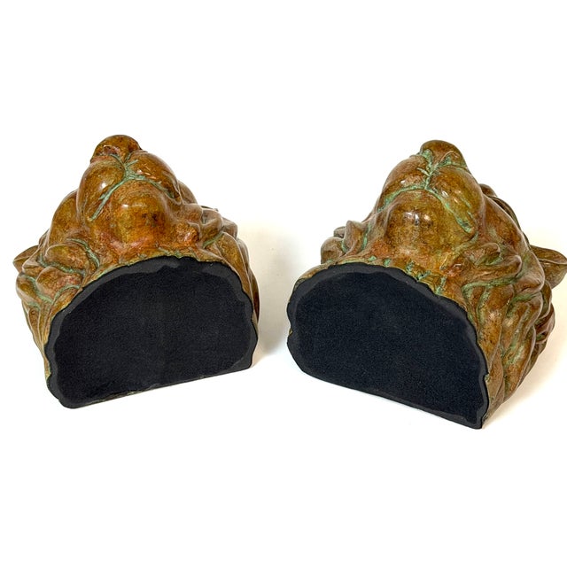 Neoclassical Pair of Regal Bronze Lion Head Bookends with Verdigris Patinated Highlights For Sale - Image 3 of 11