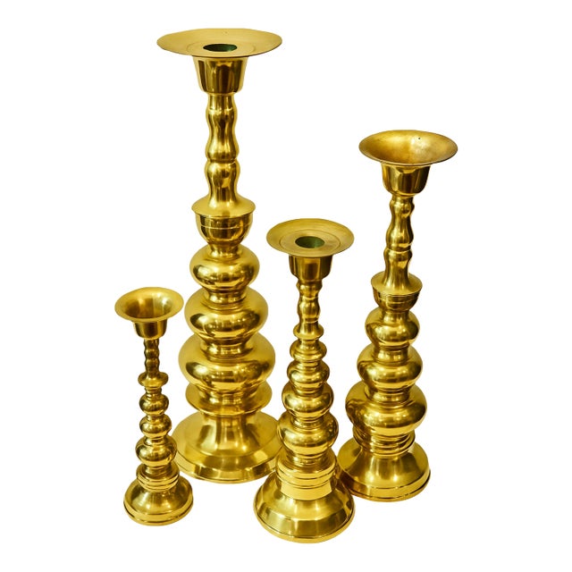 1970s Set of 4 Vintage Venus Solid Brass Oversized Candlesticks – Japan, 12" to 22" For Sale