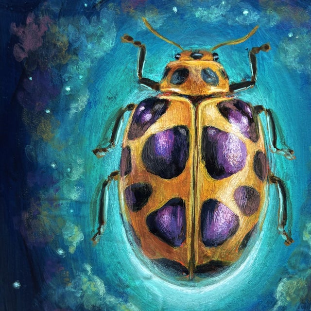 Space Beetle 02 by Stacy D'Aguiar | Acrylic on wood Illustration of a beetle against a cosmic background For Sale - Image 4 of 5