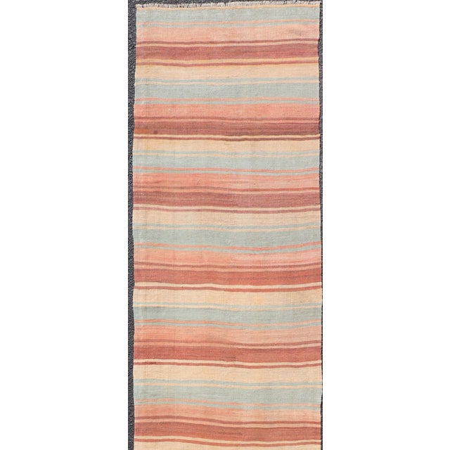 Vintage Turkish Kilim Runner With Coral, Tan, and Sky Blue Stripes For Sale - Image 4 of 12