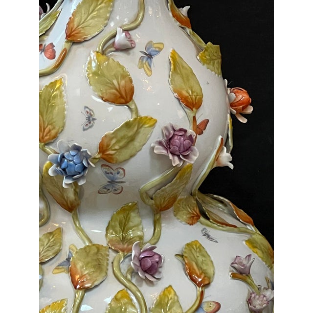 Ceramic Fine Pair of Continental Double-Gourd Lamps With Applied Floral Vines For Sale - Image 7 of 9