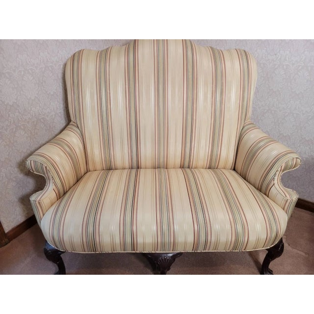 Wingback Settee Loveseat | Upholstered Accent Bench | Queen Anne Style. Excellent condition circa 1920. Elegant wingback...