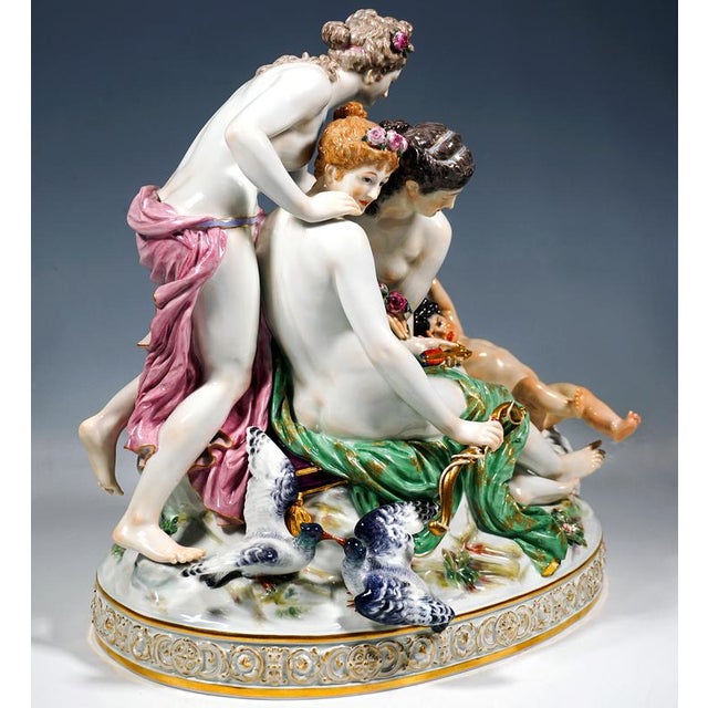 Very delicate meissen porcelain group of the late 19th century: three beautiful young women with artfully pinned-up hair...