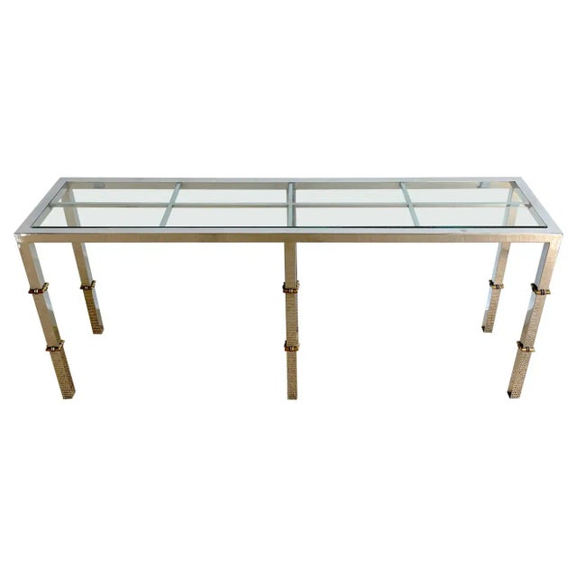 Metal Italian 1970s Chrome & Glass Console With Brass Faux Bamboo Mounts For Sale - Image 7 of 7