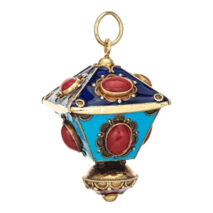 Vintage Lantern Charm Enamel Coral 18k Yellow Gold Large Pendant Estate Jewellery