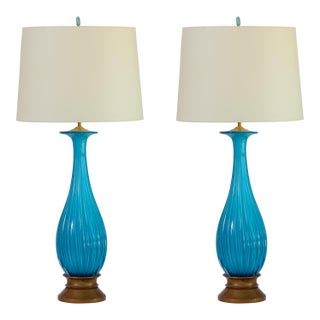 Pair Murano Blue Empoli Glass, Lamps Italy 1960s For Sale